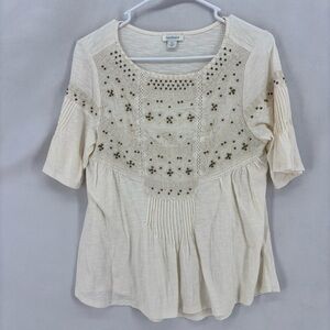 Sundance women’s XS cream short sleeve tshirt blouse embellished cotton ladies